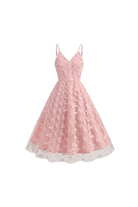 Womens Party Dress Mesh Butterflies Applique Elegant Wedding Guest Gown Bridesmaid Cami Spaghetti Strap Swing Dress (M, Pink)