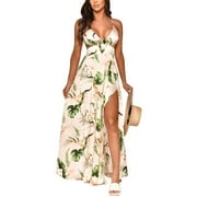 Womens Party Dress Sexy Chiffon V Neck Floral Print Side Slit Flowy Casual Long Maxi Dress