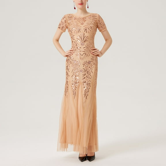 Womens Party Evening Gown Fashion Sequin Embroidery Mesh Double Layer Short Sleeve Dress Sparkly Club Long Skirt Maxi Ladies Wrap Prom Formal Wedding Dresses Beige qILAKOG Size M