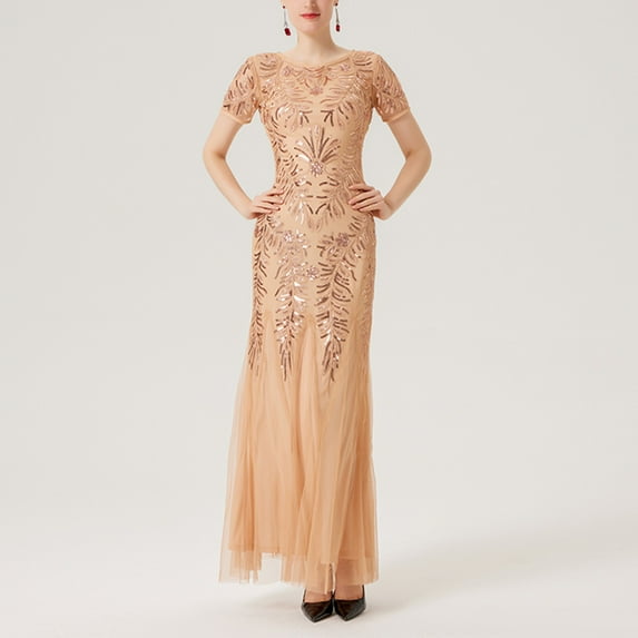 Womens Party Evening Gown Fashion Sequin Embroidery Mesh Double Layer Short Sleeve Dress Sparkly Club Long Skirt Maxi Ladies Wrap Prom Formal Wedding Dresses Beige qILAKOG Size L