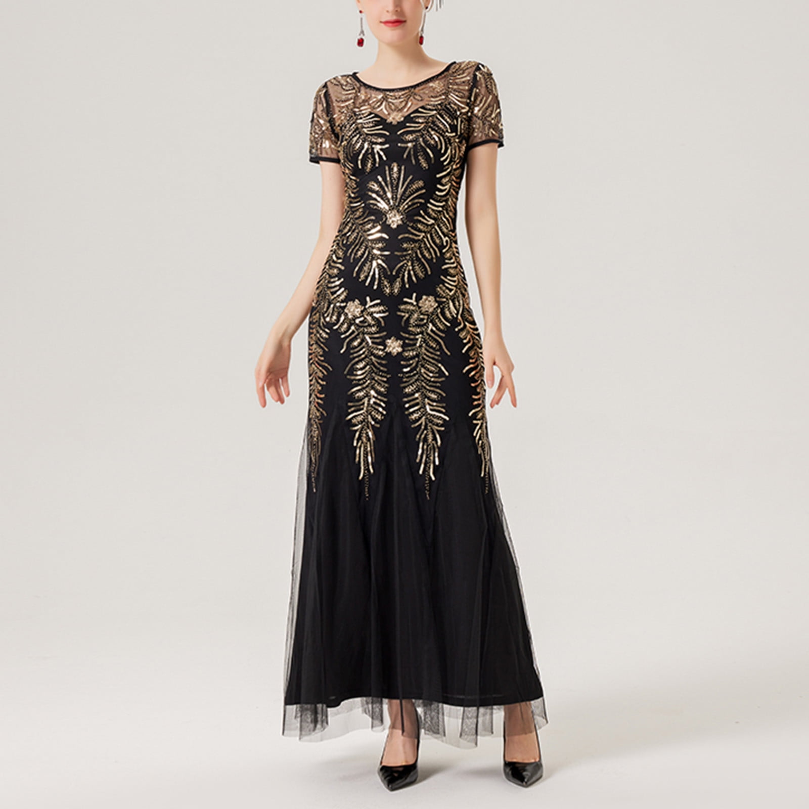 Womens Party Evening Gown Fashion Sequin Embroidery Mesh Double Layer Short  Sleeve Dress Sparkly Club Long Skirt Maxi Ladies Wrap Prom Formal Wedding  Dresses Black qILAKOG Size M - Walmart.com