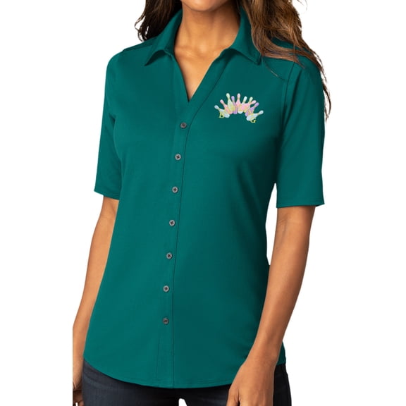 Womens Pastel Bowling Arch Button-Down Stretch Shirt, Large Dark Teal