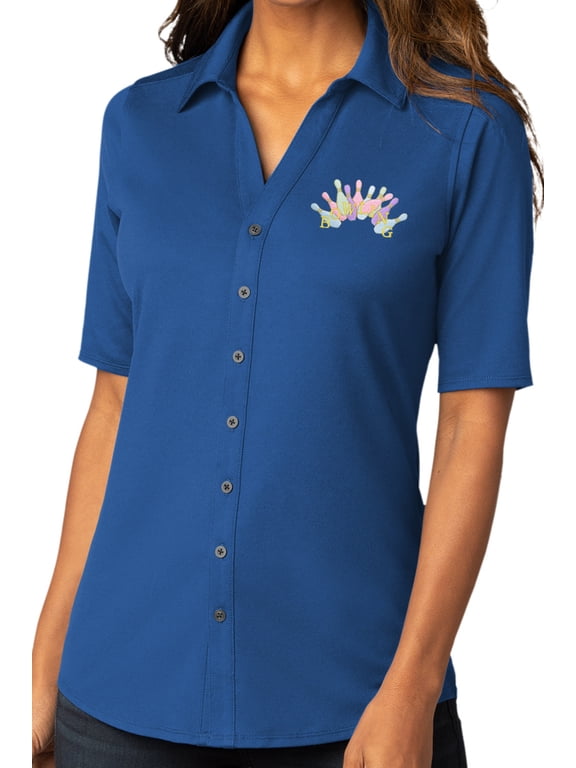 Womens Pastel Bowling Arch Button-Down Stretch Shirt, Medium True Blue