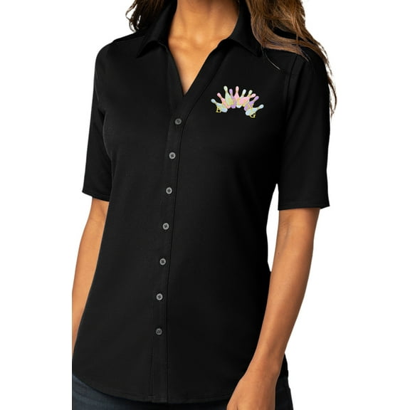 Womens Pastel Bowling Arch Button-Down Stretch Shirt, Small Black