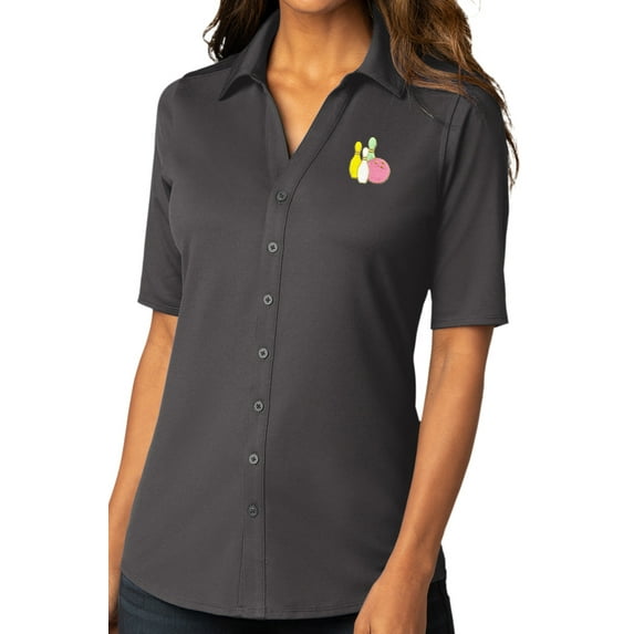 Womens Pastel Bowling Pins Button-Down Stretch Shirt, 4XL Graphite Gray