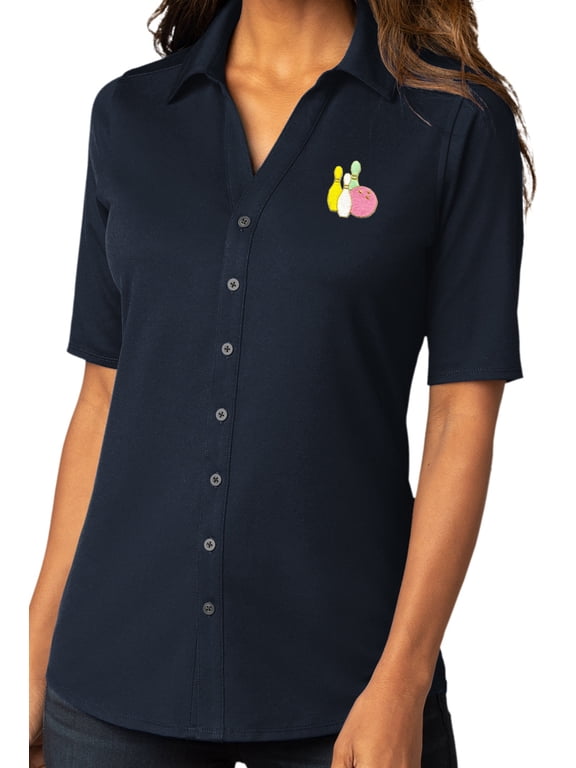 Womens Pastel Bowling Pins Button-Down Stretch Shirt, XL River Blue