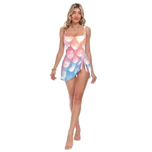 Womens Pastel Mermaid Scale on Rainbow Pattern Print 2-in-1 Swim Dress Detachable Skirt One-Piece Swimsuit Square Neck S-XXL