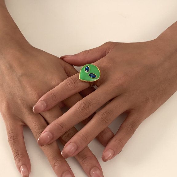 Womens Alloy Ring Delicate Alien Design Micro Inlaid Ring Unique Elegant Ring Accessory Pastoral Ring for Everyday Wear Fashionable Ring Jewelry
