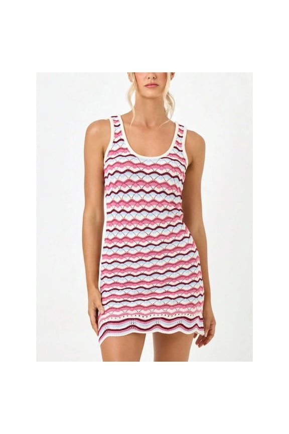 Womens Patchwork Crochet Wave Pattern Mini Tank Dress Y2K Bohemian Summer Sundress