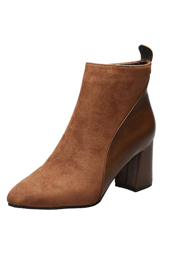 Womens Patchwork Faux Suede Leather Pointed Toe Ankle Boots, Side Zipper Chunky Block Heel Short Chelsea Booties Brown 5(36)