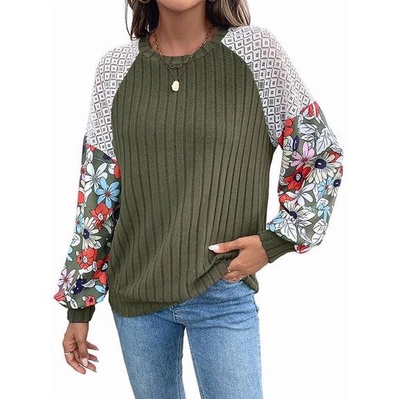 Female Patchwork Long Sleeve Ribbed Blouses Crewneck Striped Crochet Lace Knit Green L