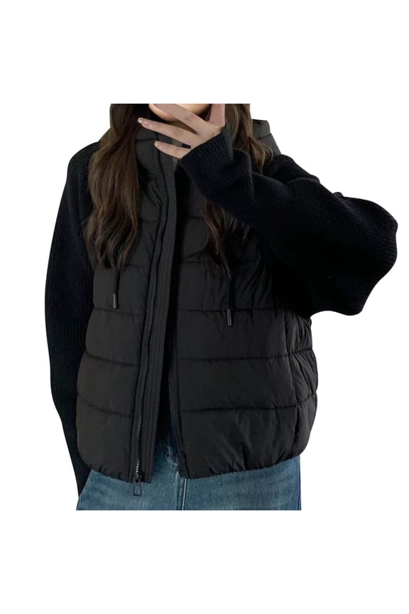 Womens Patchwork Puffer Jacket Long Sleeve Quilted Crew Neck Zip Up Coat Hooded Fashion Jackets with Pockets (L, Black)