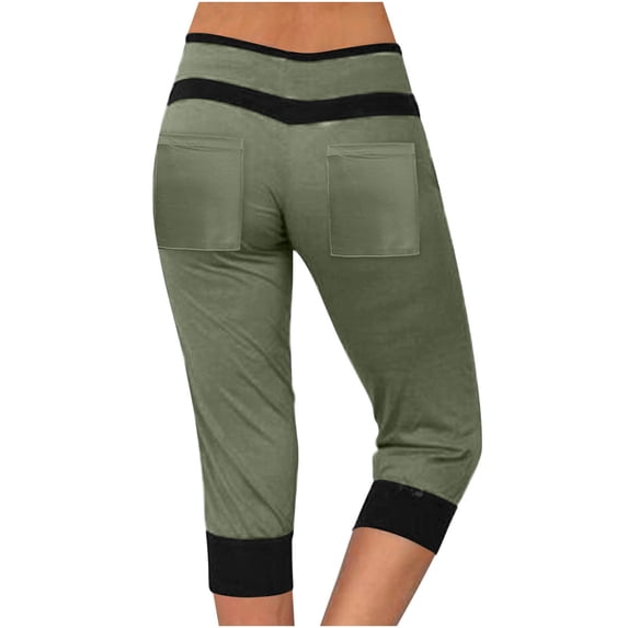Womens Patchwork Straight Leg Capri Pants Drawstring High Waisted Cropped Trousers with Pockets Casual Travel Boho Pants Army Green