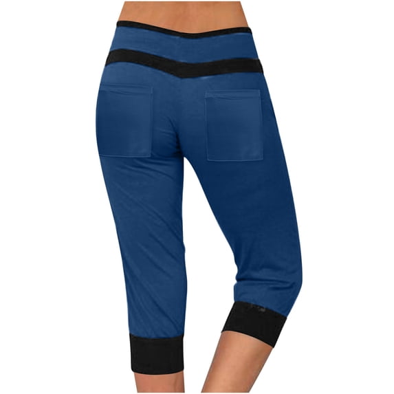 Womens Patchwork Straight Leg Capri Pants Drawstring High Waisted Cropped Trousers with Pockets Casual Travel Boho Pants Dark Blue
