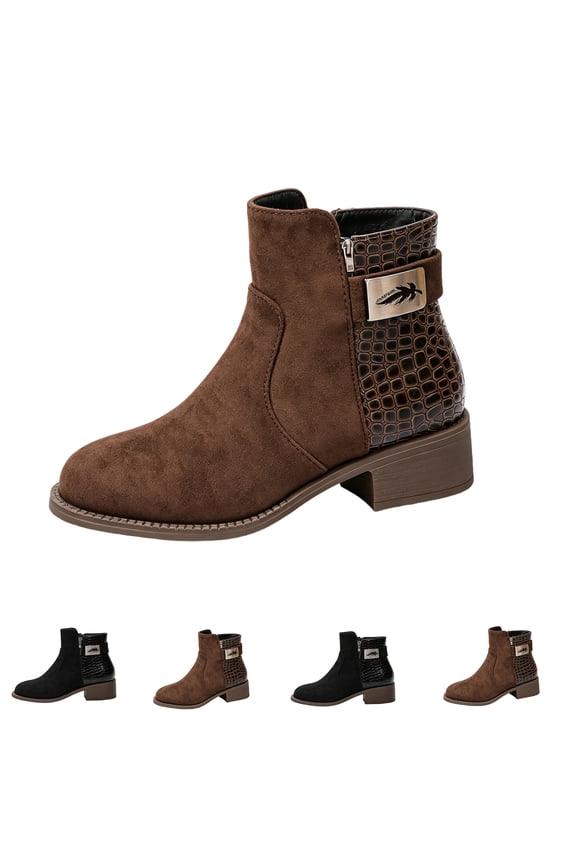 Womens Patchwork Suede Ankle Booties Round Toe Side Zip Chunky Low Heel Croc Print Panel Metal Ornament Retro Fashion Short Boots