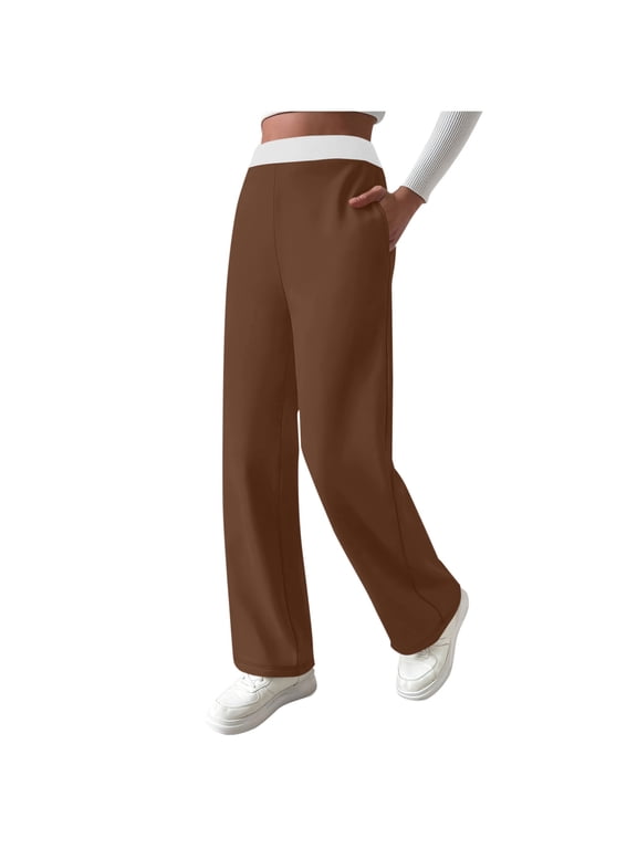 Womens Patchwork Wide Leg Sweatpants Fleece Lined High Rise Casual Pants Side Pockets Brown 2XL