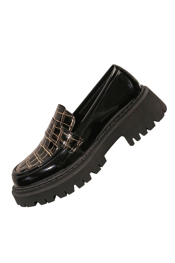 Womens Patent Faux Leather Platform Loafers Slip On - Chunky Comfort Casual & Work Shoes with Crocodile-Embossed Detail, Black,Size 7