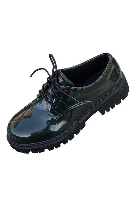 Womens Patent Faux Leather Platform Oxfords Chunky Lace Up Round Toe Lug Sole Comfortable Dress Casual Shoes Army Green,Size 9