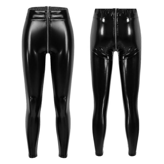 Womens Patent Leather Skinny Pants Motorcycling Glossy Leggings Slim Fit Trousers Rave Festival Clubwear Zipper Open Crotch Pant