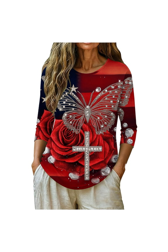 Womens Patriotic American Flag 3/4 Sleeve Tunic Top Christian Cross Floral Plus Size Red Casual Pullover,Size XL