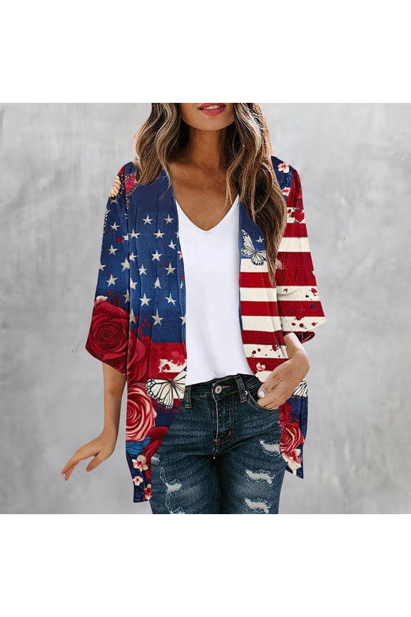Womens Patriotic American Flag Chiffon Kimono Cardigan with Floral Butterfly Print,Size XL