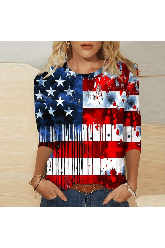 Womens Patriotic American Flag Tunic Top 3/4 Raglan Sleeve Relaxed Fit Casual Blouse Wine,Size 2XL