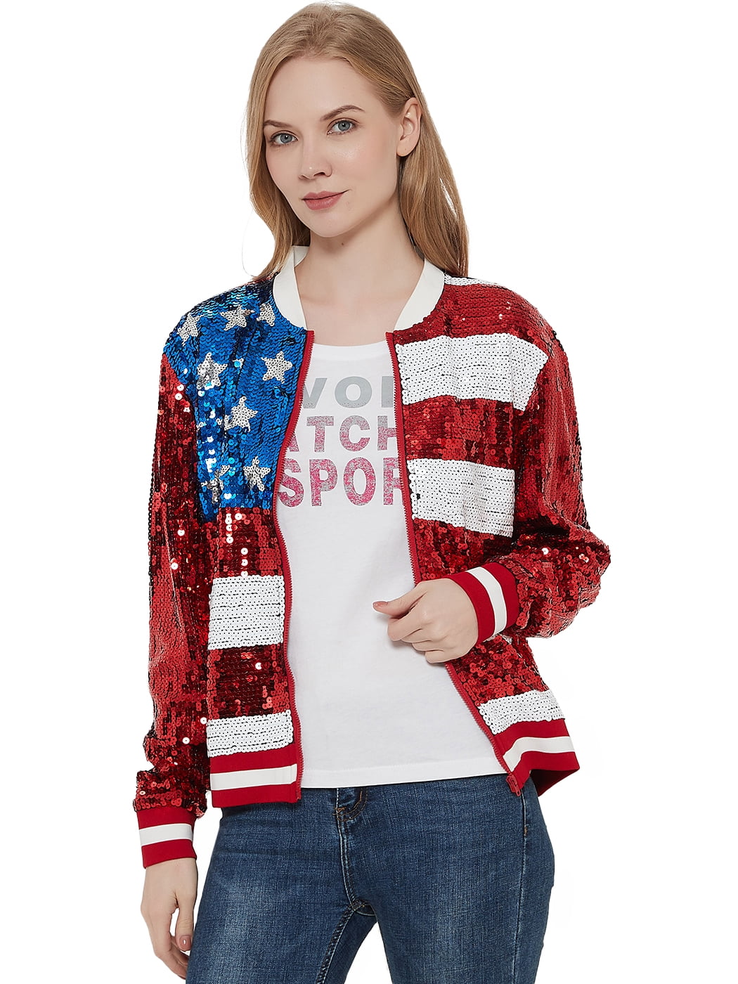 Womens Patriotic American USA Flag Sequin Front Zip Jacket with Ribbed