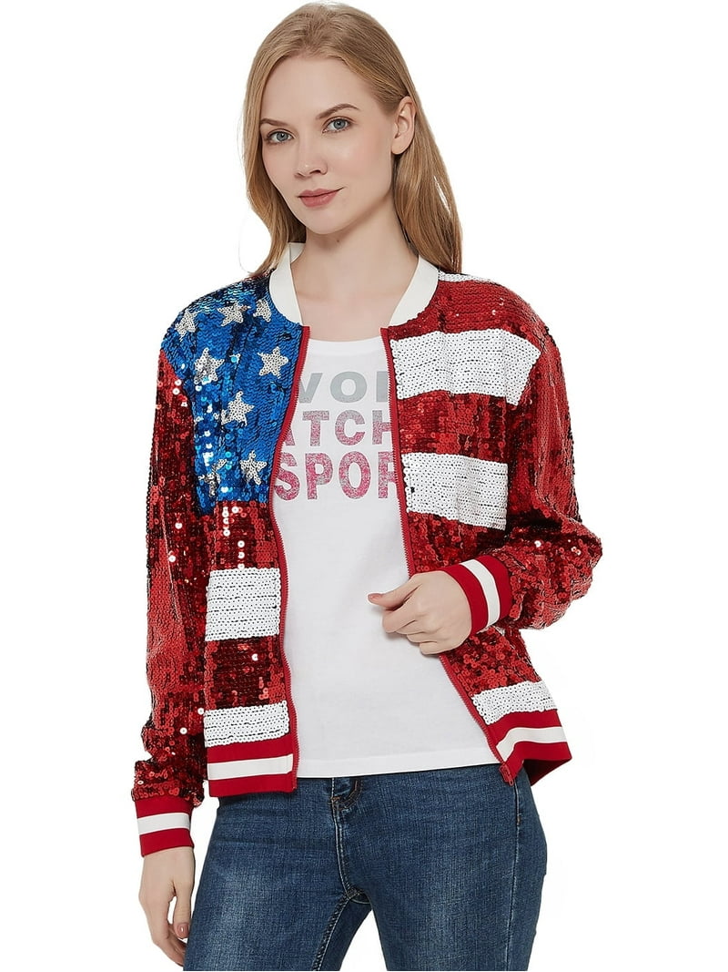 Sequin Zip-Up Bomber Jacket with USA Flag Ribbed Cuffs, XX-Large