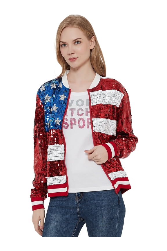 Womens Patriotic American USA Flag Sequin Front Zip Jacket with Ribbed Cuffs, USA Flag, XX-Large