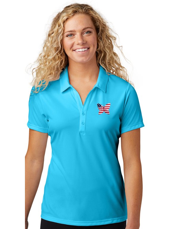 Womens Patriotic Butterfly Patch Polo Shirt, Large Atomic Blue