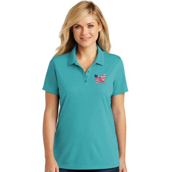 Womens Patriotic Butterfly USA Flag Patch Moisture-Wicking Polo Shirt, Extra-Small Aquamarine