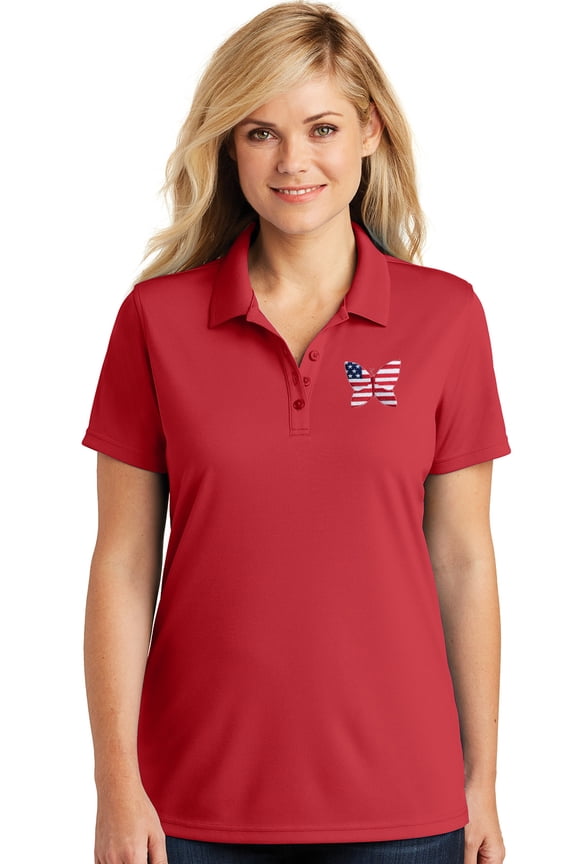Womens Patriotic Butterfly USA Flag Patch Moisture-Wicking Polo Shirt, Small Rich Red