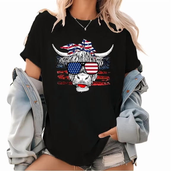 Womens Patriotic Cow Print T Shirts American Cow Graphic Tees Short Sleeve Casual 4th of July Design Pattern Classic Tops for Daily Outfits popular InS-style pattern round neck is trendy Black,2XL