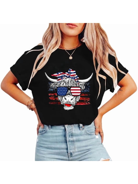 Womens Patriotic Cow Print T Shirts American Cow Graphic Tees Short Sleeve Casual 4th of July Design Pattern Classic Tops for Daily Outfits popular InS-style pattern round neck is trendy Black,XL