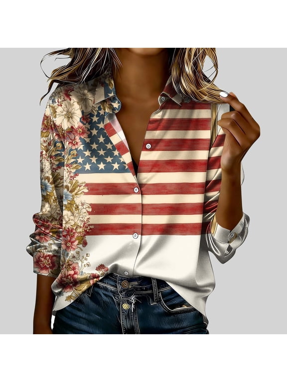 Womens Patriotic Floral Button Down Blouse - Vintage Loose Fit Long Sleeve Silky Polyester Casual Top Multicolor,Size S