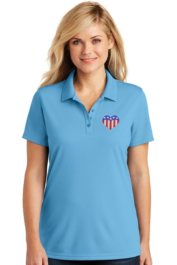 Womens Patriotic Heart USA Flag Patch Moisture-Wicking Polo Shirt, Extra-Small Carolina Blue