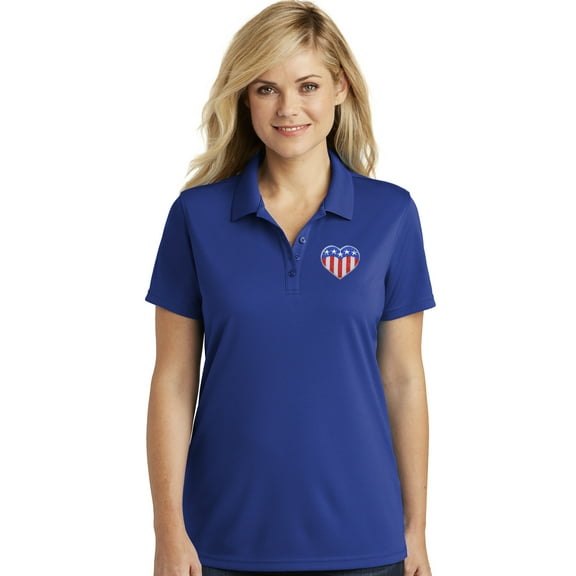 Womens Patriotic Heart USA Flag Patch Moisture-Wicking Polo Shirt, Extra-Small True Royal Blue
