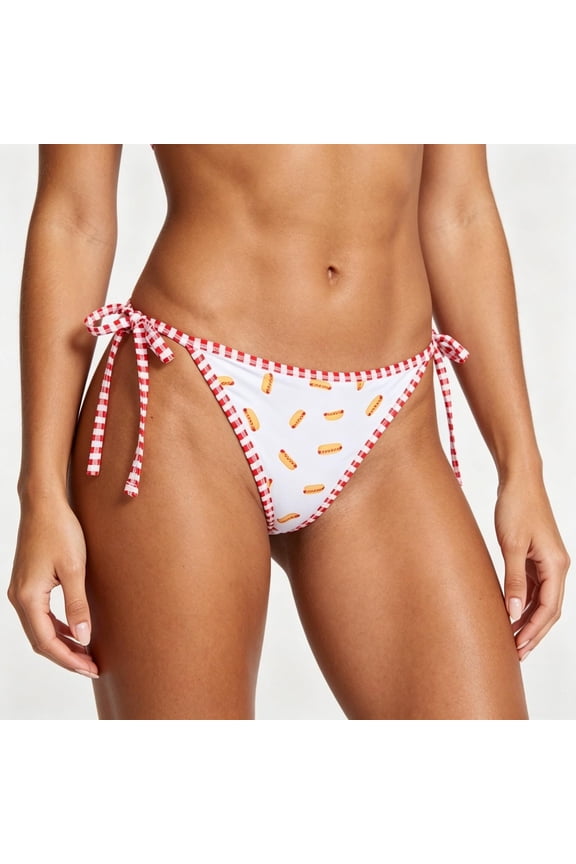 Womens Patriotic Hot Dog Print Side Tie Triangle Bikini Bottom - Low Rise Cheeky Coverage Quick Dry Polyester Swim Bottom,Size L