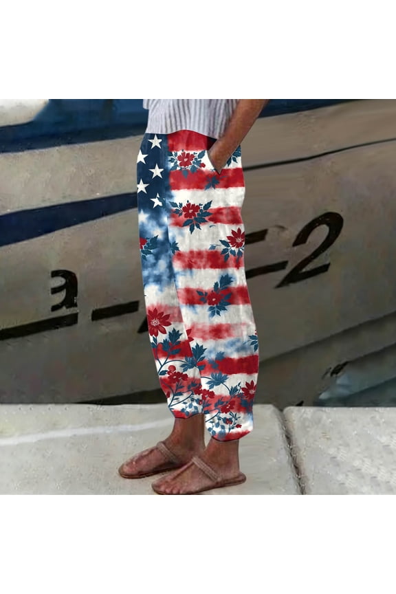 Womens Patriotic Independence Day Pants USA 250th Stars Stripes Print Loose Fit Cotton Linen Lounge Palazzo