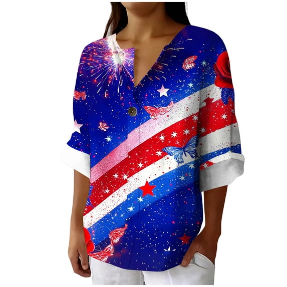 Womens Patriotic Linen Shirts Long Sleeve Button Down Floral Shirt Tops Loose Holiday July 11th Outfits Sky Blue, 2XL