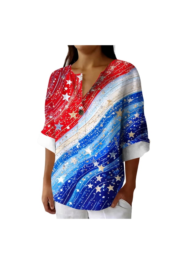 Womens Patriotic Linen Shirts Long Sleeve Button Down Floral Shirt Tops Loose Holiday July 15th Outfits Light Blue, 3XL