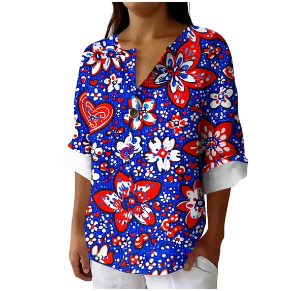 Womens Patriotic Linen Shirts Long Sleeve Button Down Floral Shirt Tops Loose Holiday July 4th Outfits Blue, 3XL