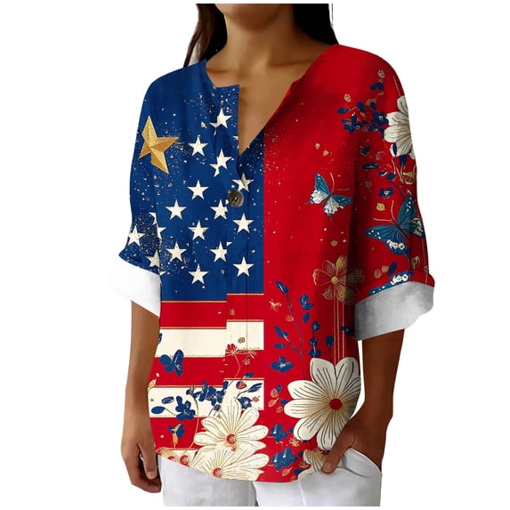 Womens Patriotic Linen Shirts Long Sleeve Button Down Floral Shirt Tops Loose Holiday July 6th Outfits Wine, S