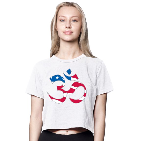 Womens Patriotic OM American-Made Cute Cropped Yoga Tee Shirt, Extra Small White
