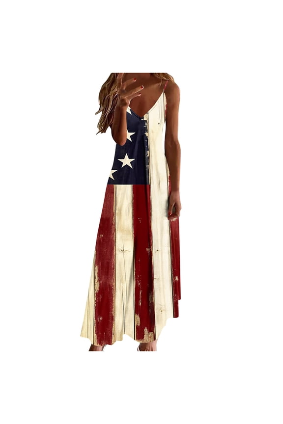 Womens Patriotic Print V Neck Tank Maxi Dress Boho Style Long Sundress Comfortable Fit 4th of July Dresses for National Day Celebration