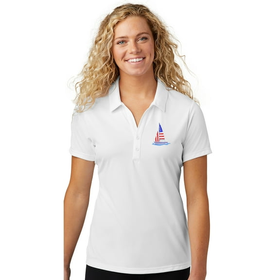 Womens Patriotic Sailboat Sailing Boating Patch Polo Shirt, 4XL White