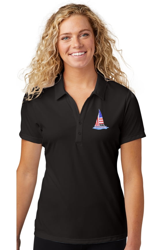 Womens Patriotic Sailboat Sailing Boating Patch Polo Shirt, Extra-Small Black