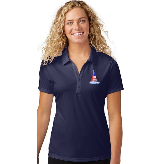 Womens Patriotic Sailboat Sailing Boating Patch Polo Shirt, XL True Navy