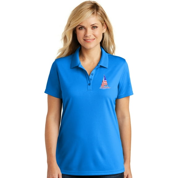 Womens Patriotic Sailboat Sailing USA Flag Patch Moisture-Wicking Polo Shirt, 3XL Coastal Blue