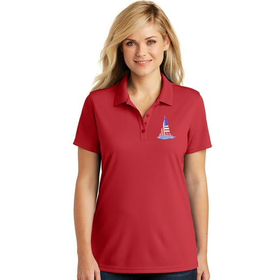 Womens Patriotic Sailboat Sailing USA Flag Patch Moisture-Wicking Polo Shirt, 3XL Rich Red